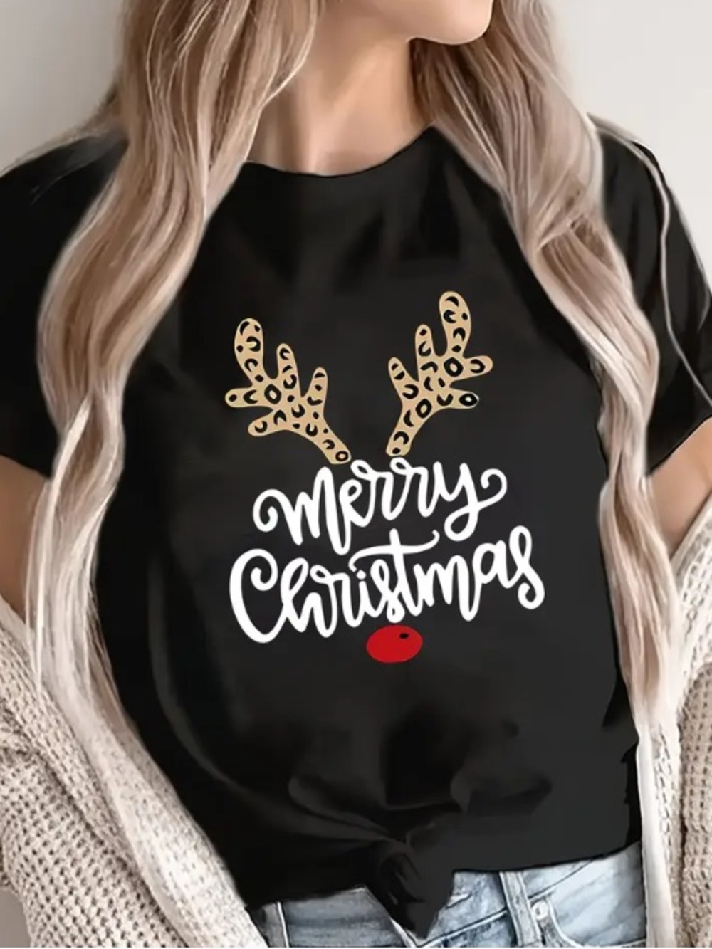 Christmas Leopard Antler Print Tee 100% Cotton